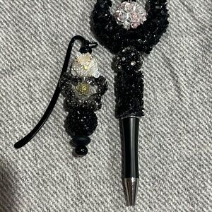 New Black Beaded Pen & Book Mark with Floral Accents
